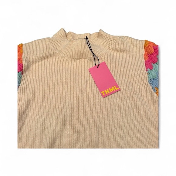 NWT THML Women's Beige Ribbed Sweater with Colorful Sleeves - Picture 3 of 4